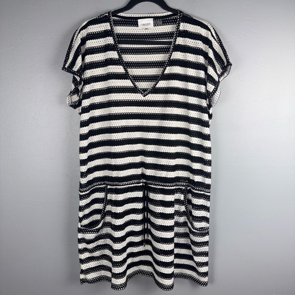 Calvin Klein Swim Cover-Up Women’s‎ Large/XL Mesh White & Black Striped Pockets